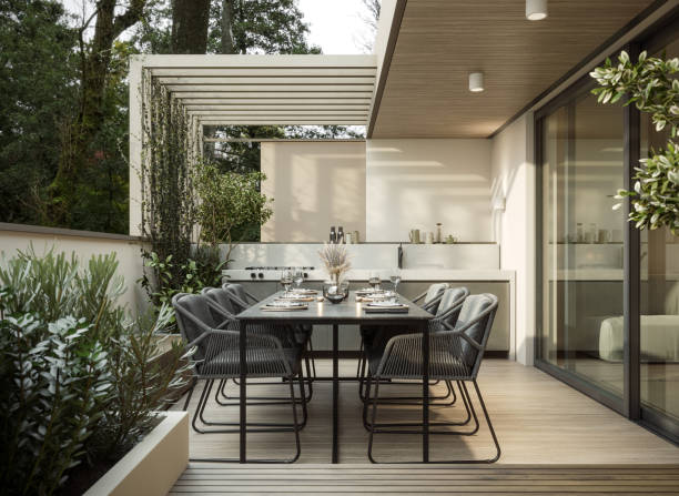 Outdoor dining terrace with greenery