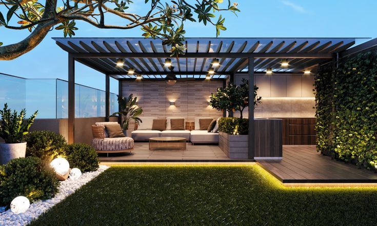 Illuminated rooftop garden lounge